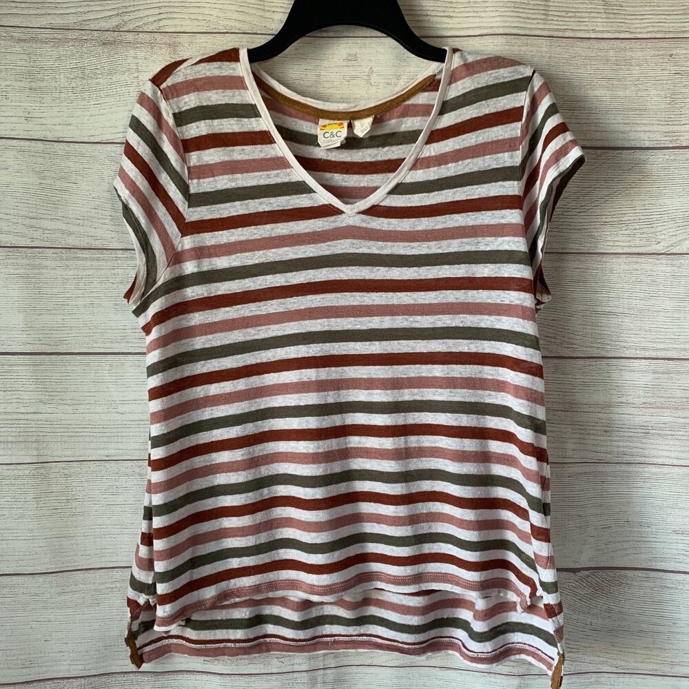 C&C California Multi-Colored Striped Linen Shirt Short Sleeve Size Large